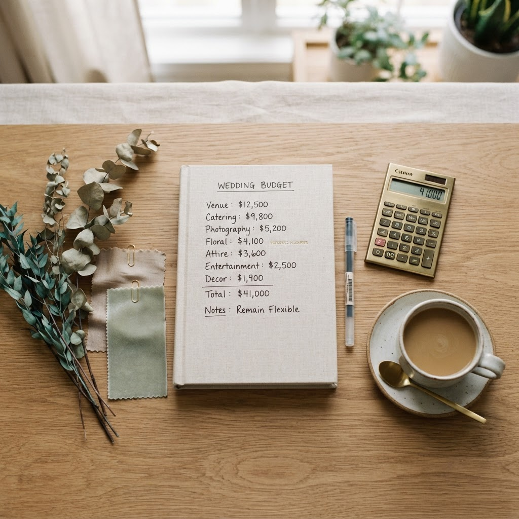 Escritorio de planificación de boda con una libreta de presupuesto, calculadora y una taza de café